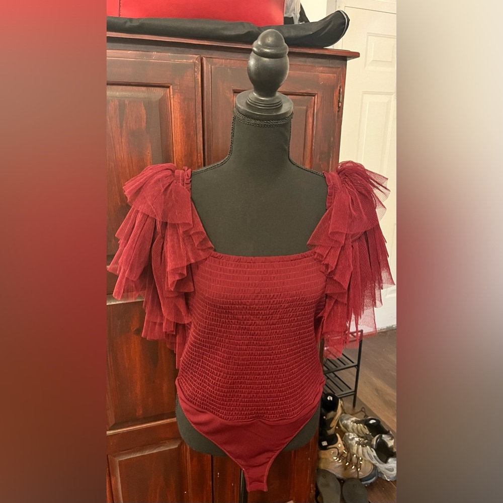 Free People Burgundy Ruffle Sleeve Smocked Bodysuit